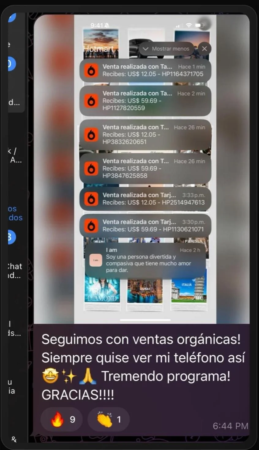 Ventas orgánicas con notificaciones de Hotmart por US$ 12.05 y US$ 59.69